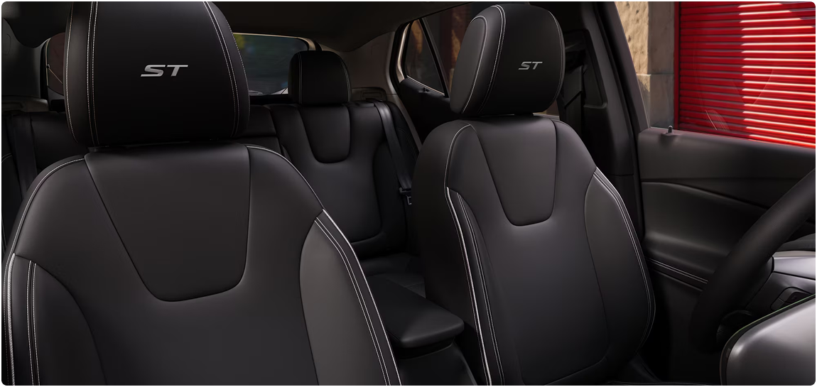 Black front seats with ST headrest embroidery in the Encore GX Sport Touring