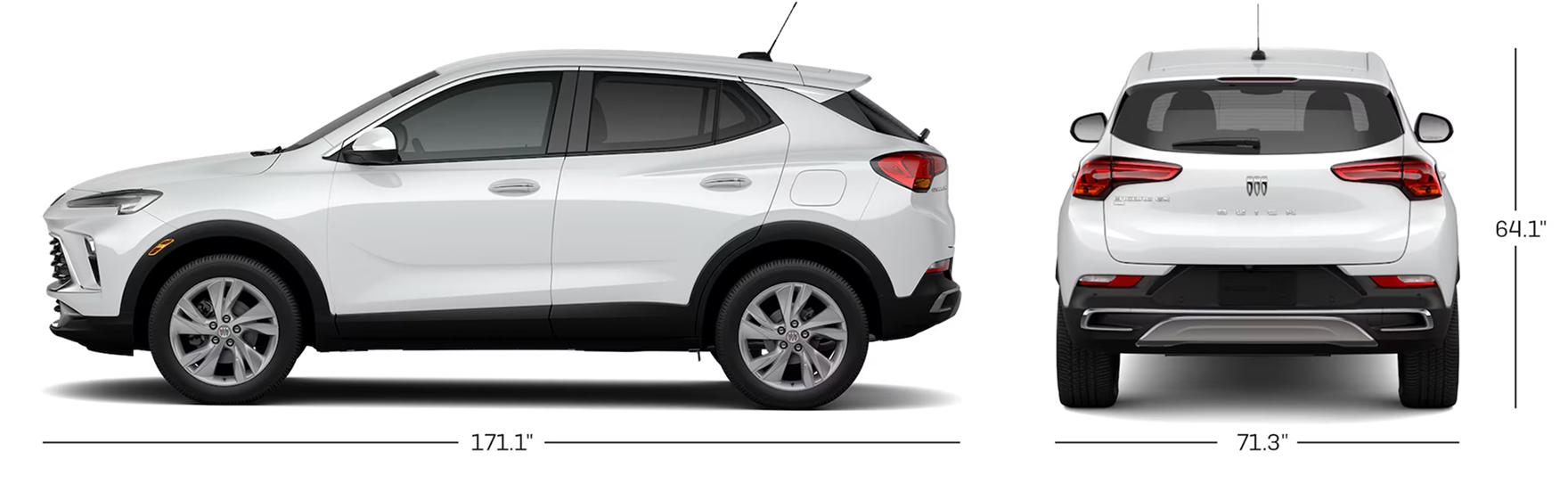 Side and rear dimension drawing of a white Buick Encore GX, 171.1 inches long, 71.3 inches wide and 64.1 inches tall