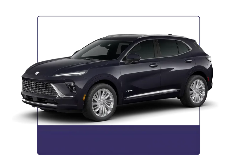 Dark purple Buick Envision Avenir shown from the front three-quarter angle on a dark studio background