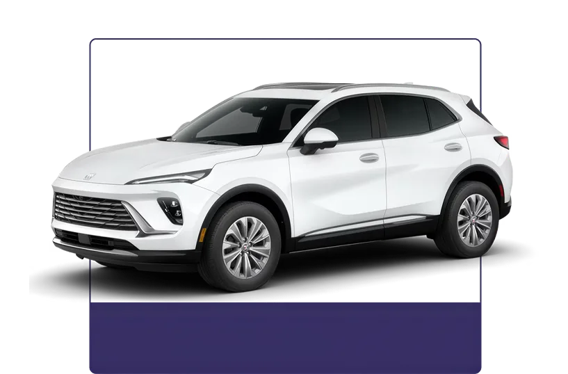 White Buick Envision Preferred shown from the front three-quarter angle on a dark studio background