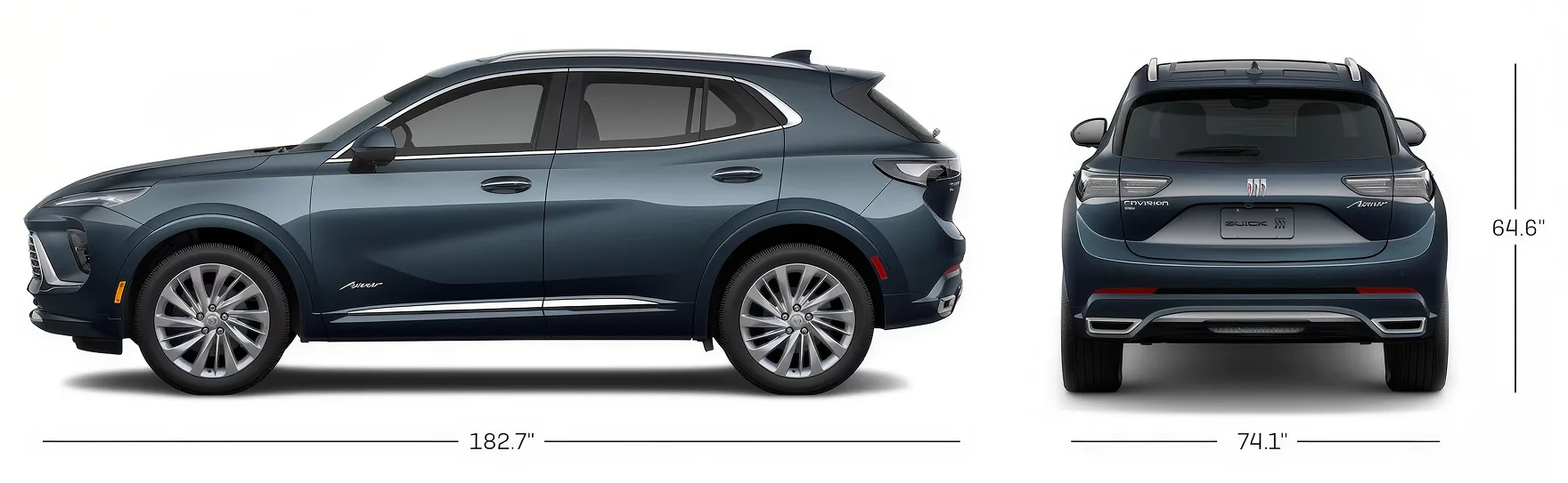 Side and rear dimension drawing of a dark grey Buick Envision, 182.7 inches long, 74.1 inches wide and 64.6 inches tall