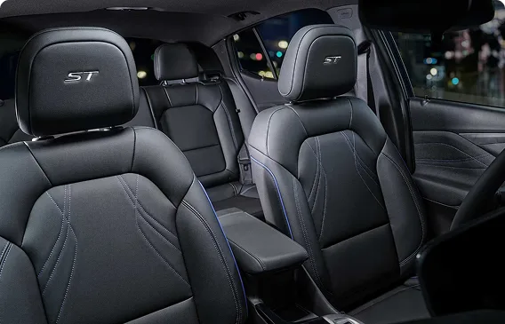 Black Sport Touring front seats with ST headrests and blue contrast stitching
