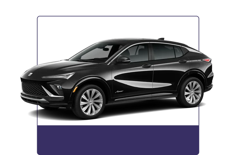 Black Buick Envista Avenir shown from the front three-quarter angle on a dark studio background