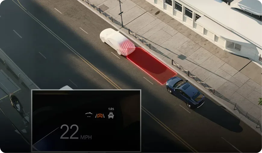 Overhead illustration of an Envista with a red following-distance bar and a 22 mph cluster readout