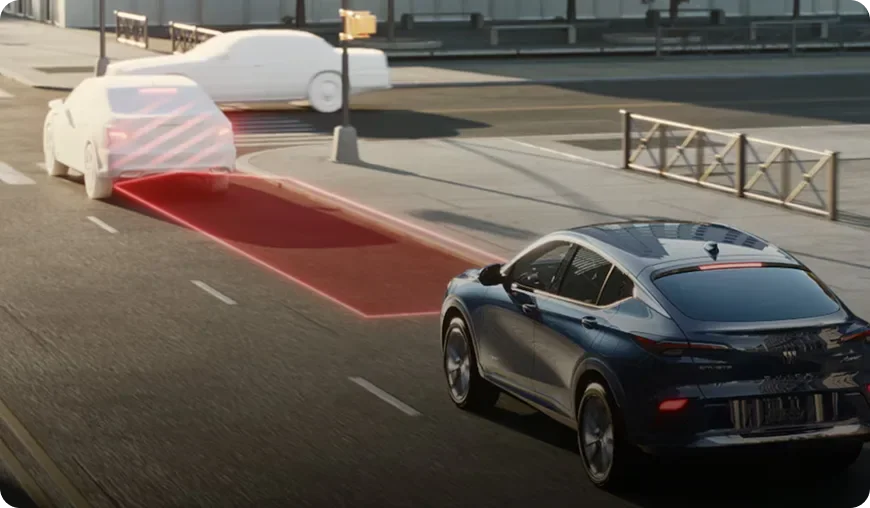 Overhead illustration of an Envista following a vehicle with a red zone marking the gap ahead