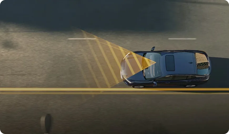 Overhead illustration of an Envista between yellow lane markings with lane-detection cones