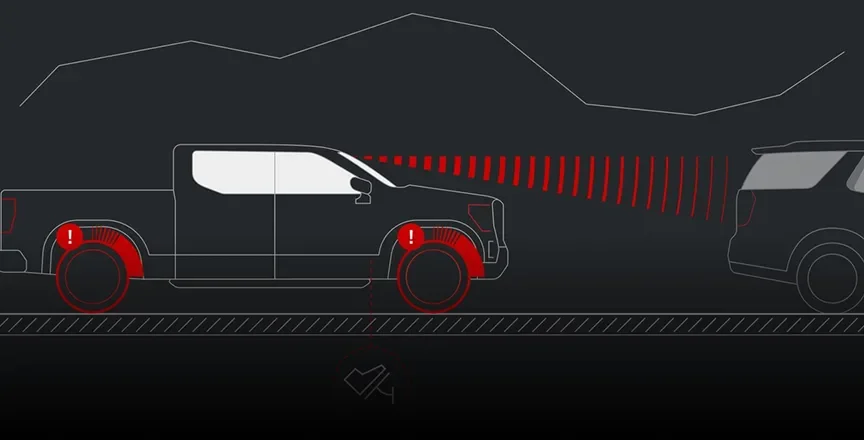 Illustration of a Canyon closing on a vehicle ahead with red arcs for Automatic Emergency Braking