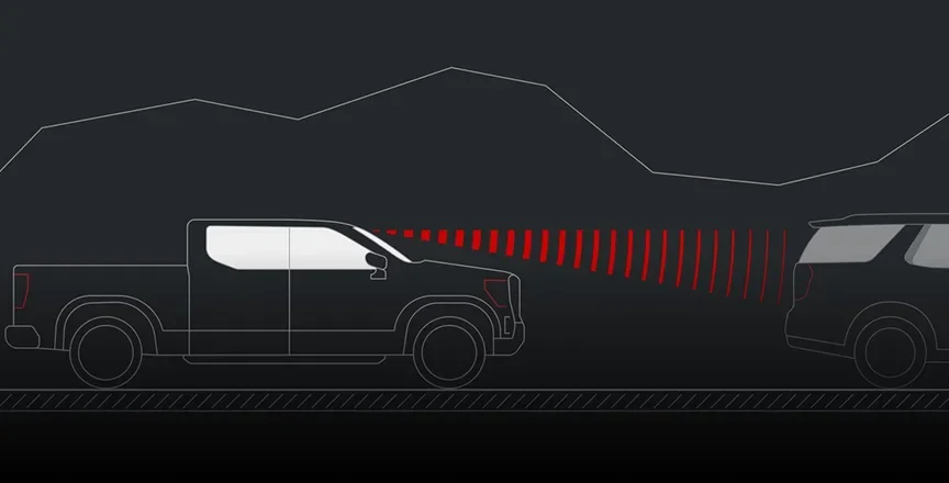 Illustration of a Canyon detecting a vehicle ahead with red arcs for Forward Collision Alert