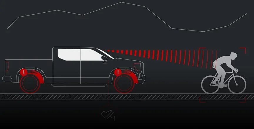 Illustration of a Canyon detecting a cyclist ahead with red arcs for Front Pedestrian and Bicyclist Braking