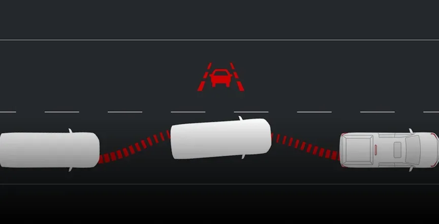Overhead illustration of a Canyon drifting between lane markings with a red lane departure warning