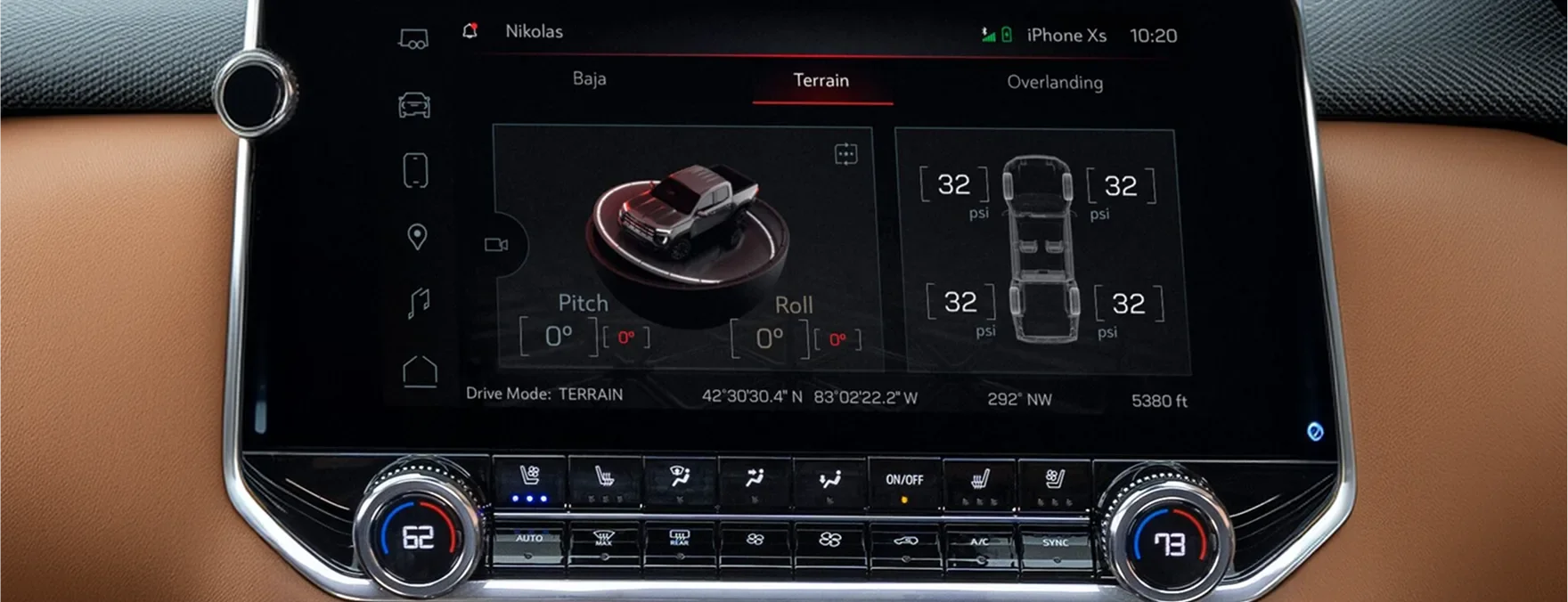 The Canyon's centre touchscreen showing the Off-Road Performance Display with pitch, roll and tyre pressures