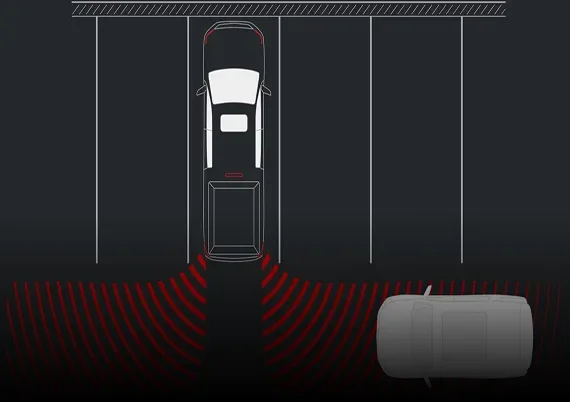 Overhead illustration of a Canyon backing out of a space with red arcs detecting a crossing vehicle