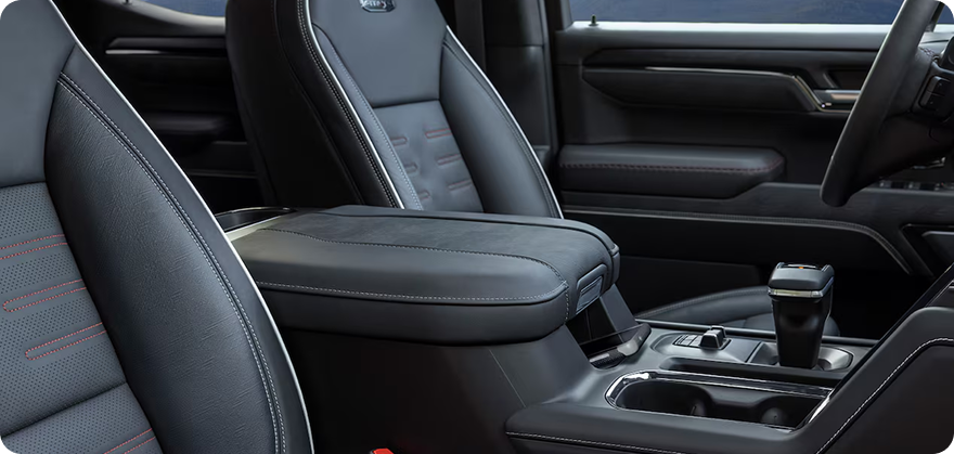 GMC Sierra 1500 center console and black leather front seats