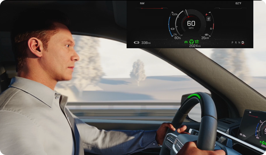 Illustration of a driver at the wheel, with the instrument cluster above showing 60 mph