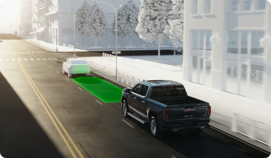 Illustration of a black GMC truck following a white car, with a green zone marking the gap between them