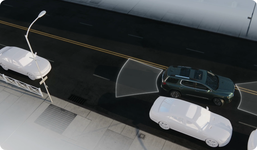 Illustration of a GMC SUV parallel parking between two cars, with sensor zones at its front and rear