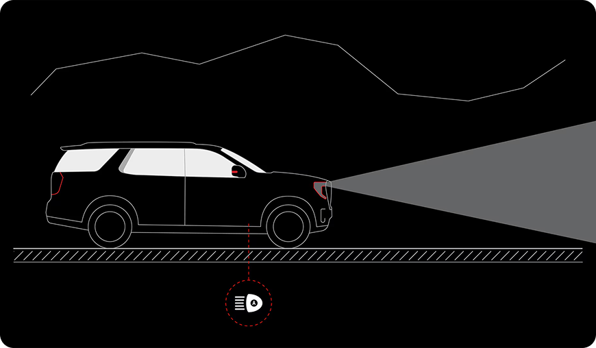 Line drawing of an SUV with its headlamp beam lighting the road ahead