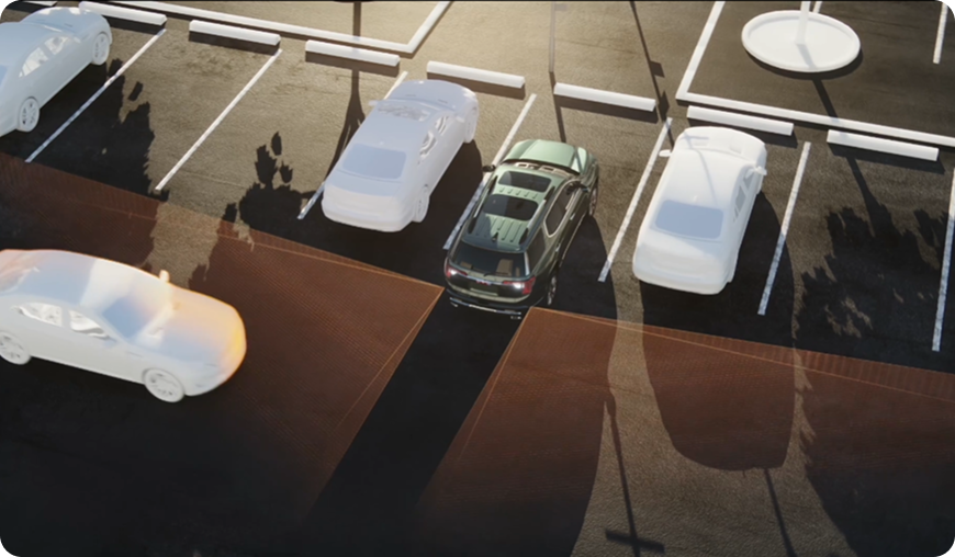 Illustration of a GMC SUV backing out of a parking space as a car crosses behind it