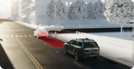 Illustration of a GMC SUV approaching a stopped car, with a red zone marking the closing distance