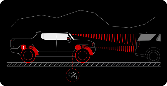Line drawing of a truck braking behind another vehicle, with red radar waves between them