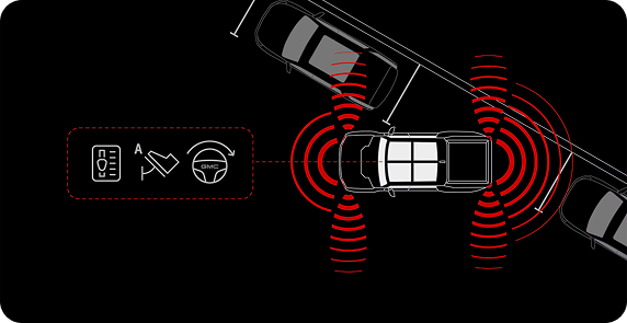 Overhead line drawing of a truck parking itself between two cars, with icons for steering, braking and shifting