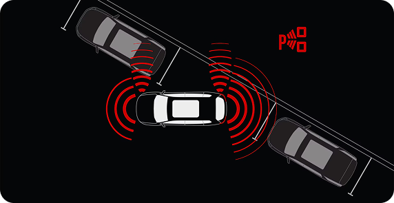 Overhead line drawing of a vehicle steering into a parallel parking space, with red sensor waves at both ends