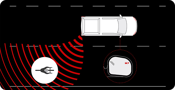 Overhead line drawing of a truck with red sensor waves detecting a bicyclist beside it and a side mirror alert icon