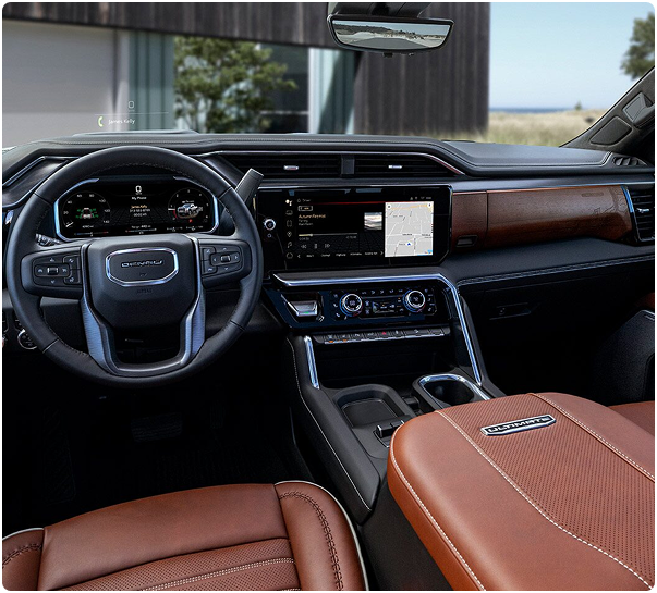 GMC Sierra HD Denali Ultimate dashboard, steering wheel and brown leather center console