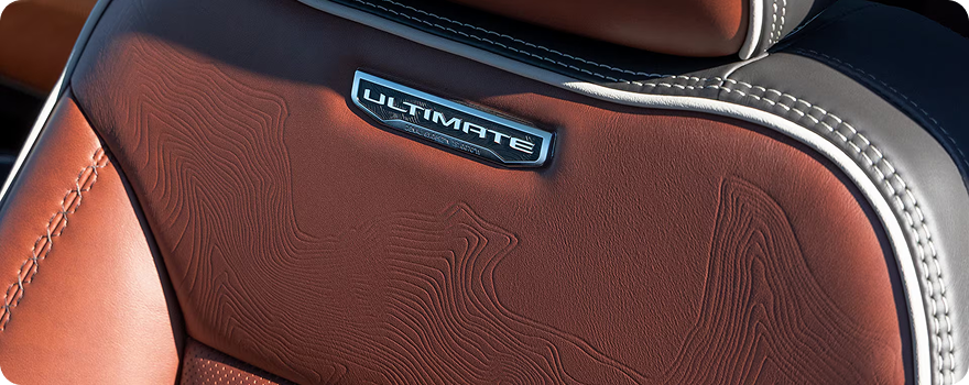 Close-up of a brown leather seatback embossed with a topographical map pattern and an Ultimate badge