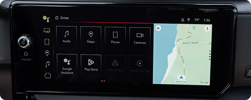 GMC Sierra HD 13.4-inch touchscreen showing app icons beside a Google Maps view