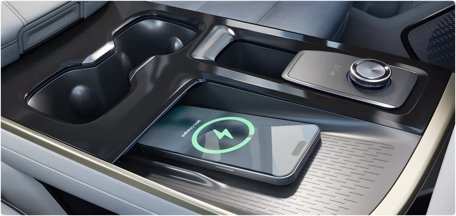 Wireless charging pad in the Enclave centre console with a phone on it