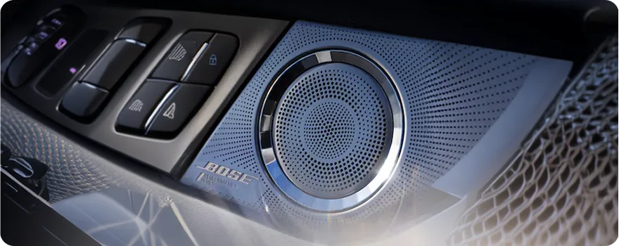 Close-up of a Bose speaker grille in the Enclave door trim