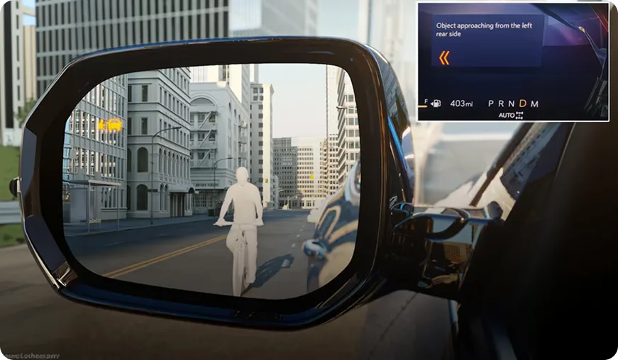 Enclave side mirror showing a pedestrian alert on the in-cabin display