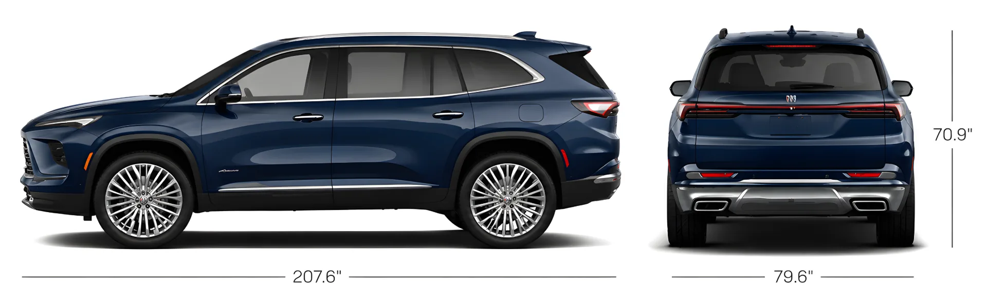 Side and rear dimension drawing of a dark blue Buick Enclave, 207.6 inches long and 79.6 inches wide