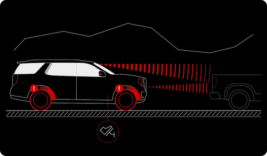 Illustration of an Acadia using radar and camera sensing to brake for a vehicle ahead