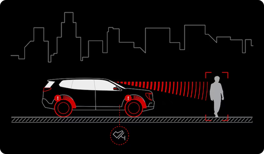 Illustration of an Acadia detecting a pedestrian ahead on a city street