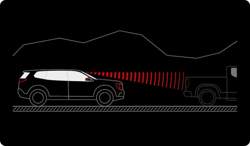 Illustration of an Acadia sensing a truck ahead to warn of a possible front-end collision
