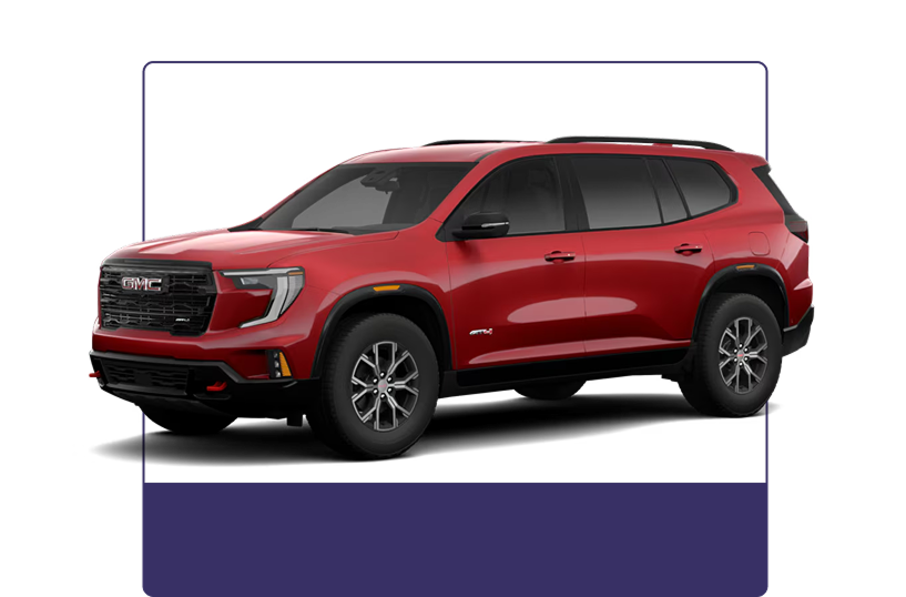 Red 2027 GMC Acadia AT4 shown from the front three-quarter angle