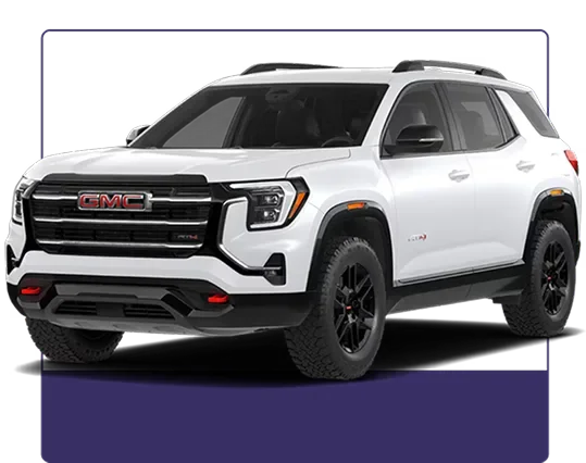 White 2027 GMC Terrain AT4 shown in profile on a dark studio background
