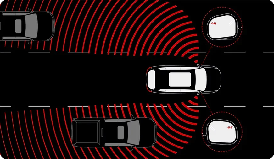 Overhead illustration of a Terrain changing lanes with red signal arcs marking vehicles detected in its blind zones