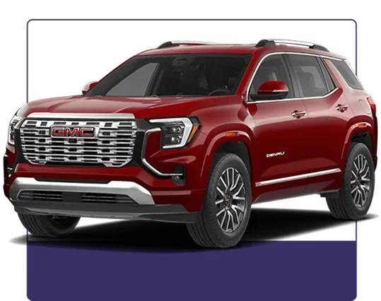 Red 2027 GMC Terrain Denali shown in profile on a dark studio background
