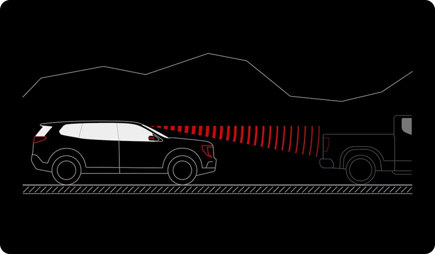 Illustration of a Terrain following a truck, with red signal arcs showing Forward Collision Alert detecting the vehicle ahead