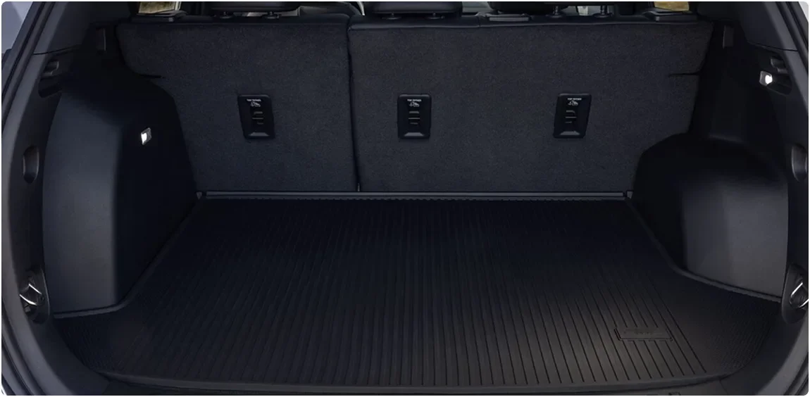 The 2027 GMC Terrain's empty rear cargo area with the second-row seats upright