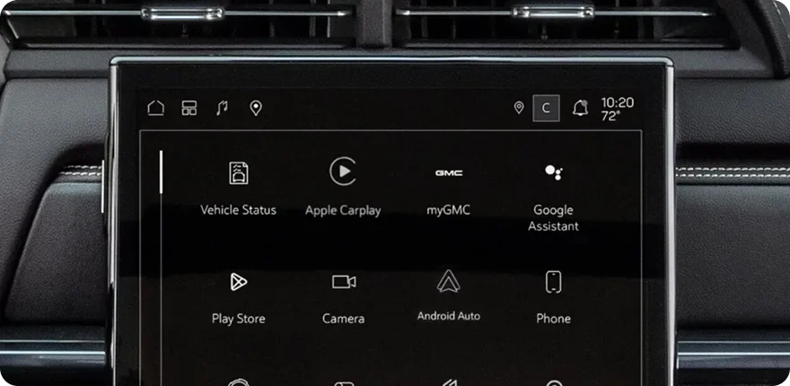 The 2027 GMC Terrain's infotainment home screen showing app tiles for Google Assistant, Google Maps, Android Auto, Apple CarPlay and myGMC