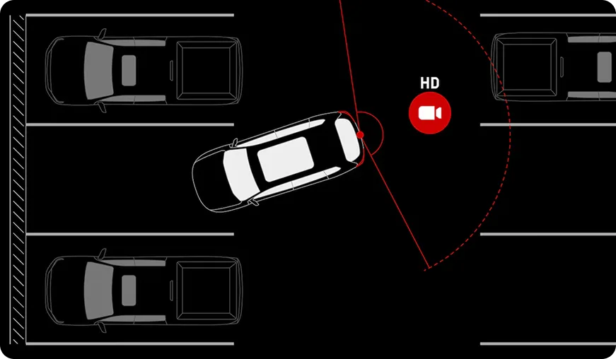 Overhead illustration of a Terrain reversing out of a parking space with a red camera icon marking the rear camera's field of view