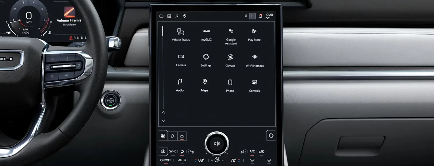 Driver-side view of the 2027 GMC Terrain's dashboard with the vertical infotainment touchscreen and digital gauge cluster