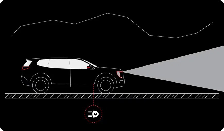 Illustration of a Terrain on a dark road with a wide beam of light showing the high beams switched on by IntelliBeam