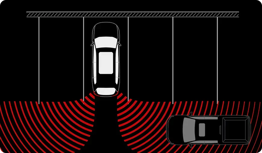 Overhead illustration of a Terrain backing out of a parking space with red signal arcs detecting a vehicle crossing behind it
