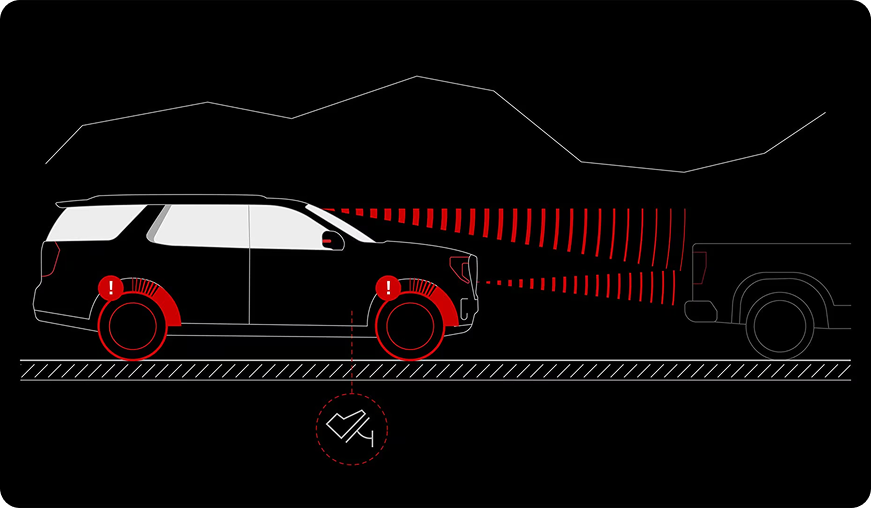 Illustration of a Yukon sensing a truck ahead and applying the brakes