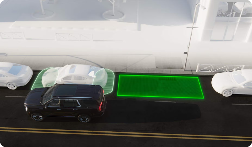 Illustration of a Yukon steering into a highlighted parallel parking space between two cars